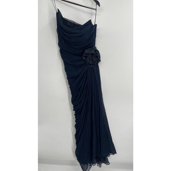 Oscar de la Renta Strapless Floral Appliqué Gown Navy Long Maxi Dress Crystal - Picture 7 of 13